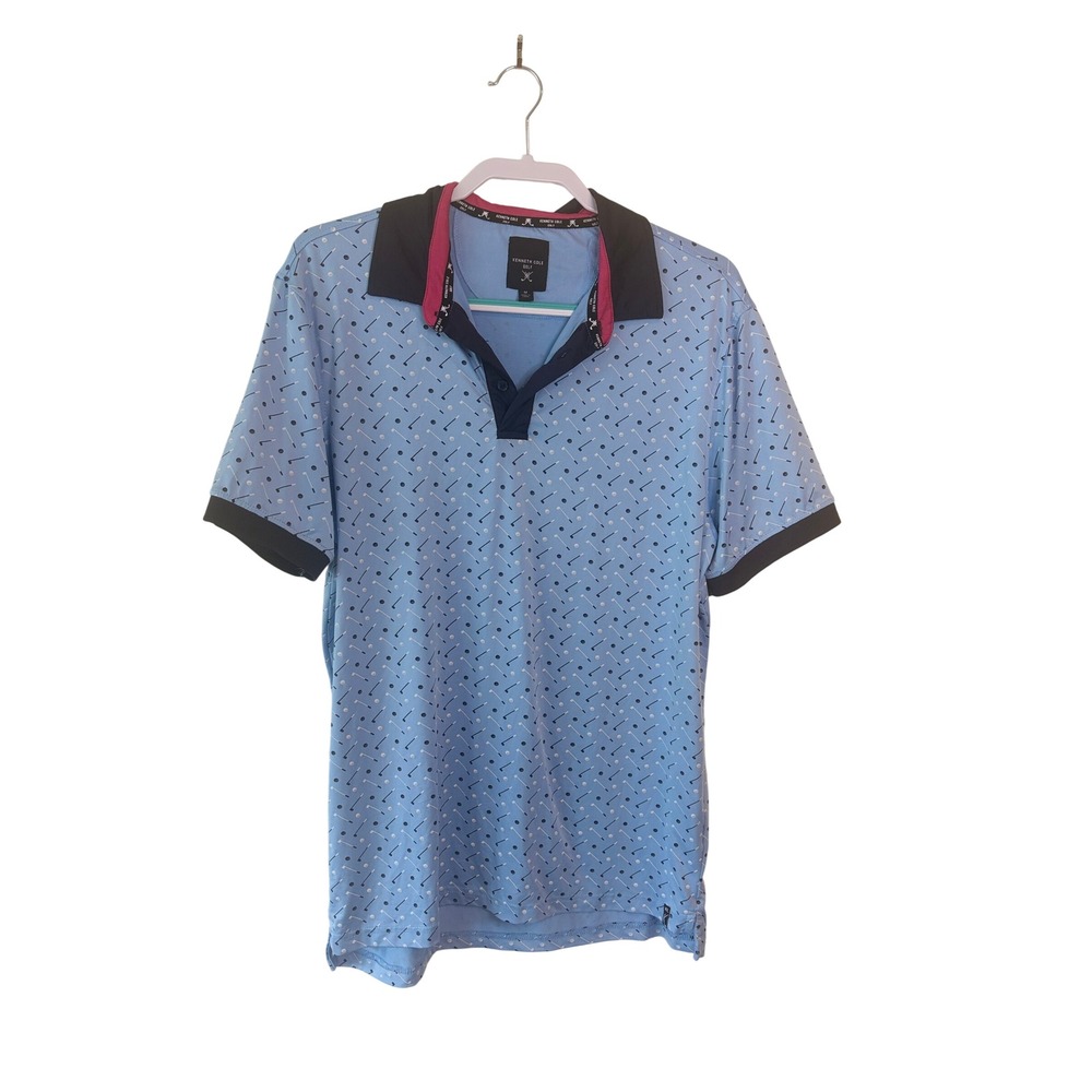 Kenneth Cole Golf Mens Blue Golf Club Ball Print Polo Shirt Medium
